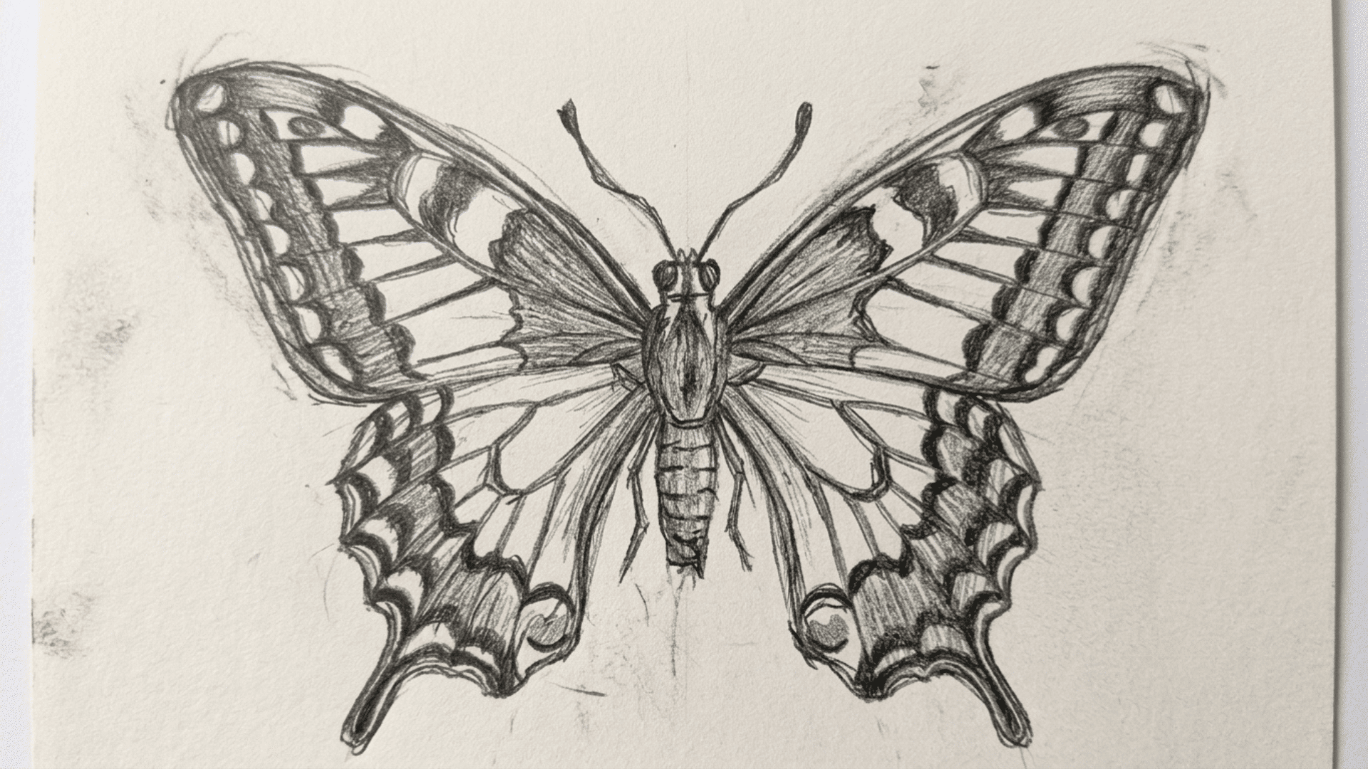 symmetrical pencil drawing of a butterfly with patterned wings and simple dot details