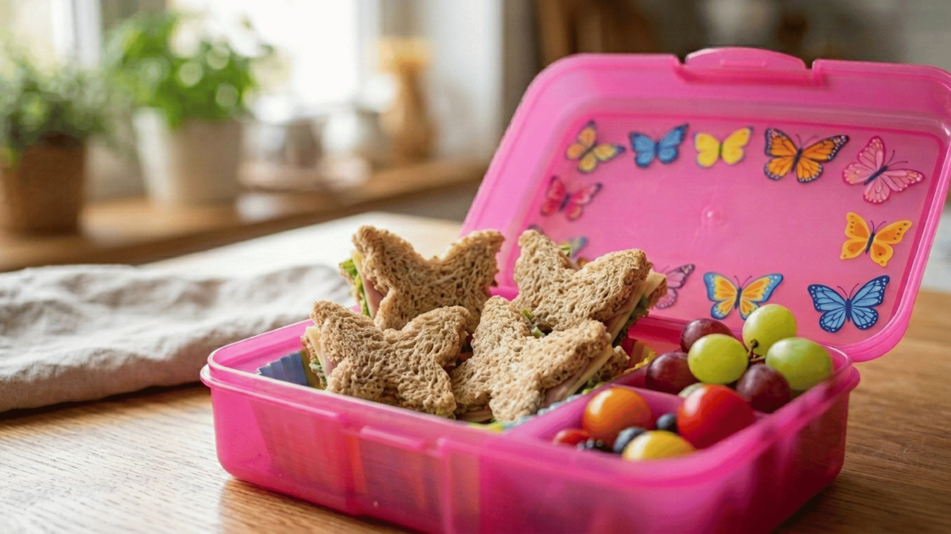 butterfly-shaped sandwich bites packed in a pink kids lunchbox