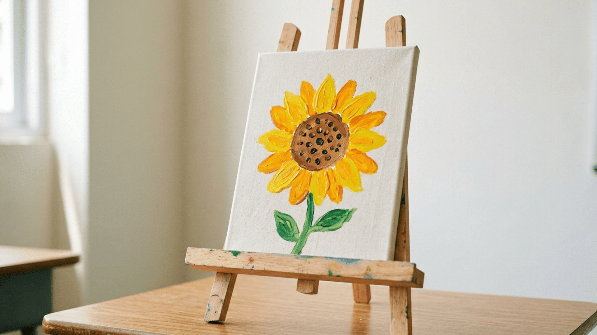 school age canvas painting of a single bright sunflower