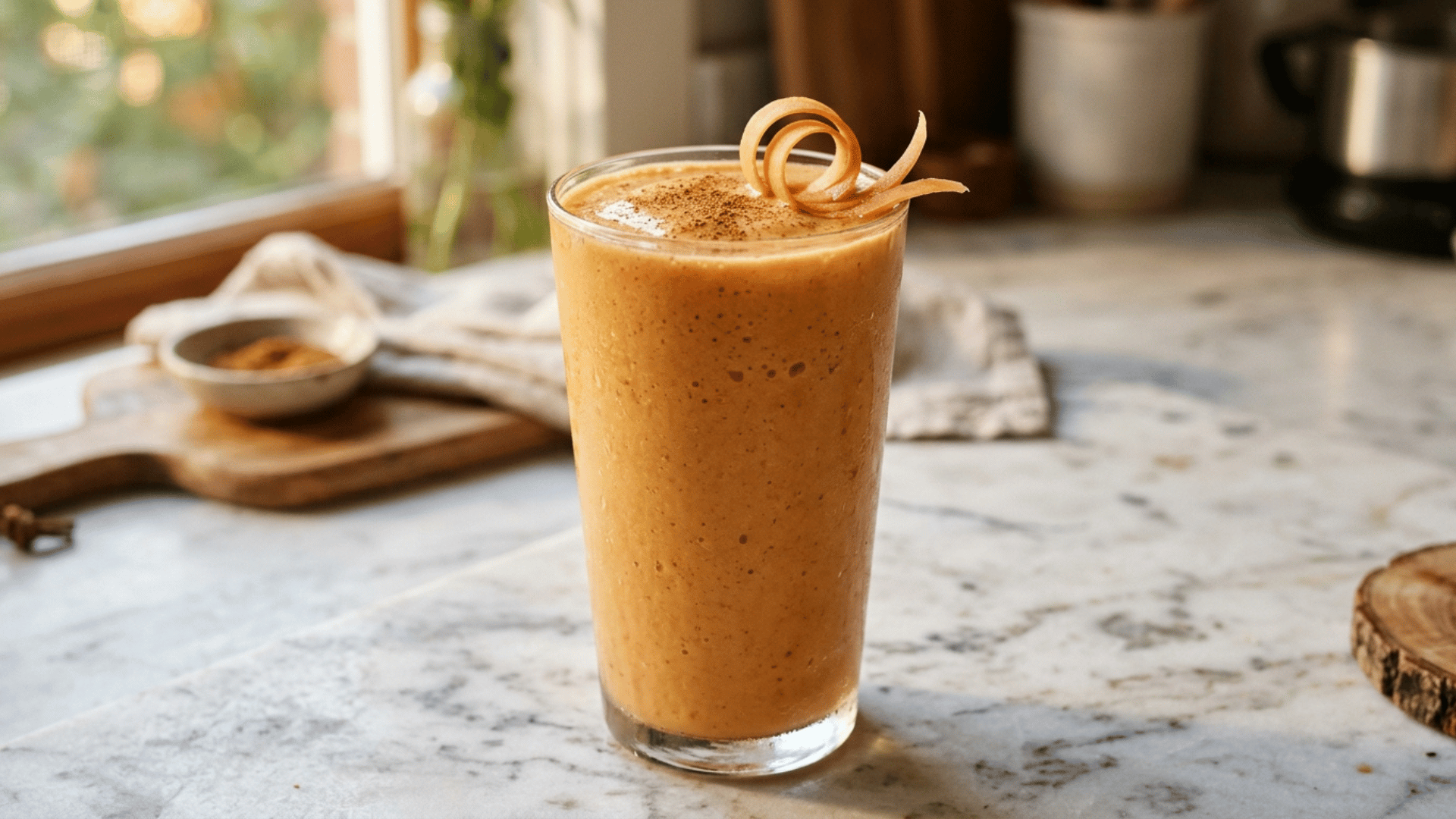 carrot cake smoothie in a glass topped with cinnamon sprinkle