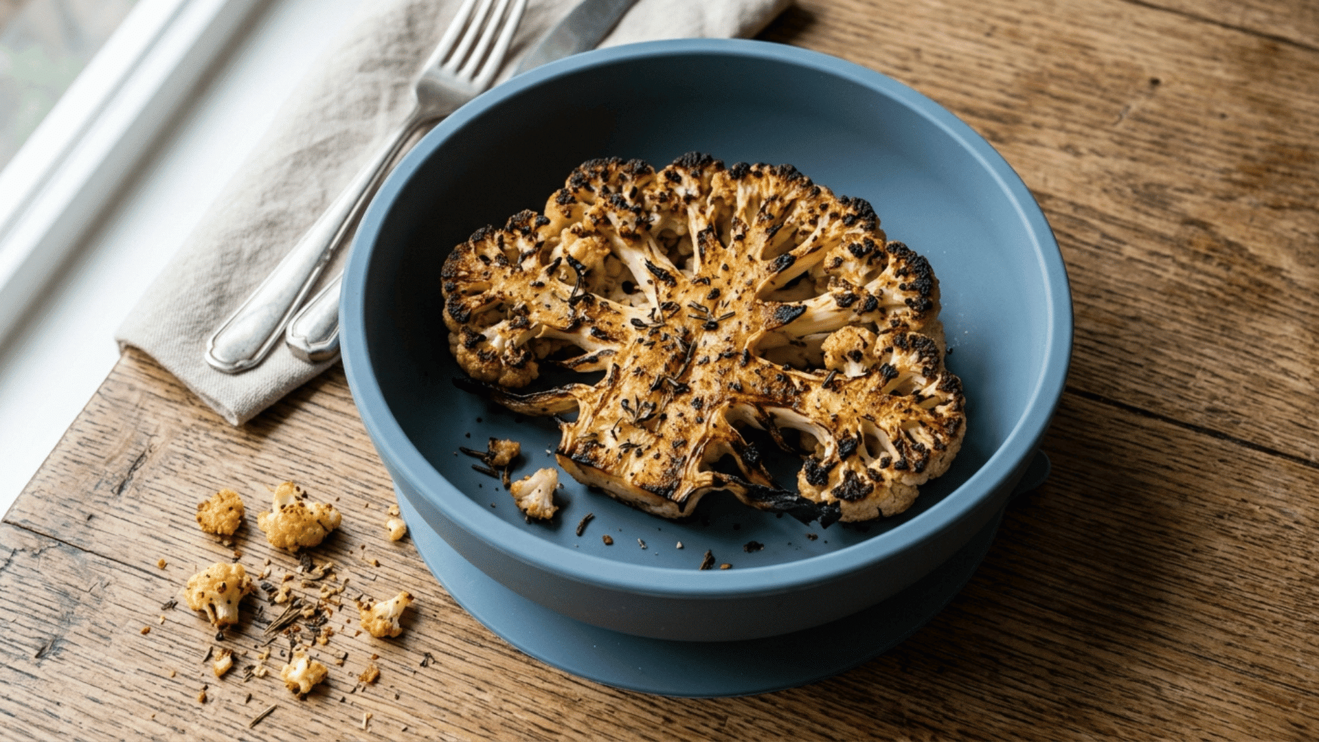 roasted cauliflower steak served in a wide silicone suction bowl