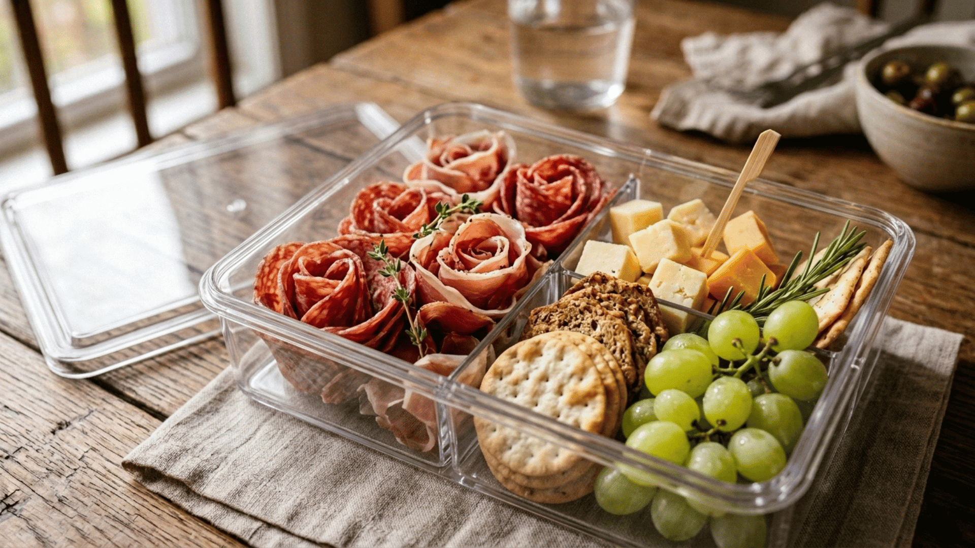 deli meat, cheese, crackers, and grapes arranged in a wooden compartment lunchbox