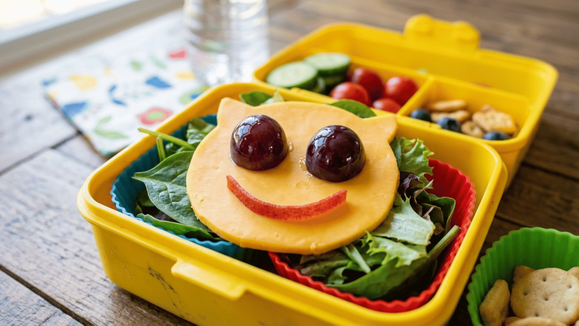 cheese and grape face packed in a yellow plastic lunchbox