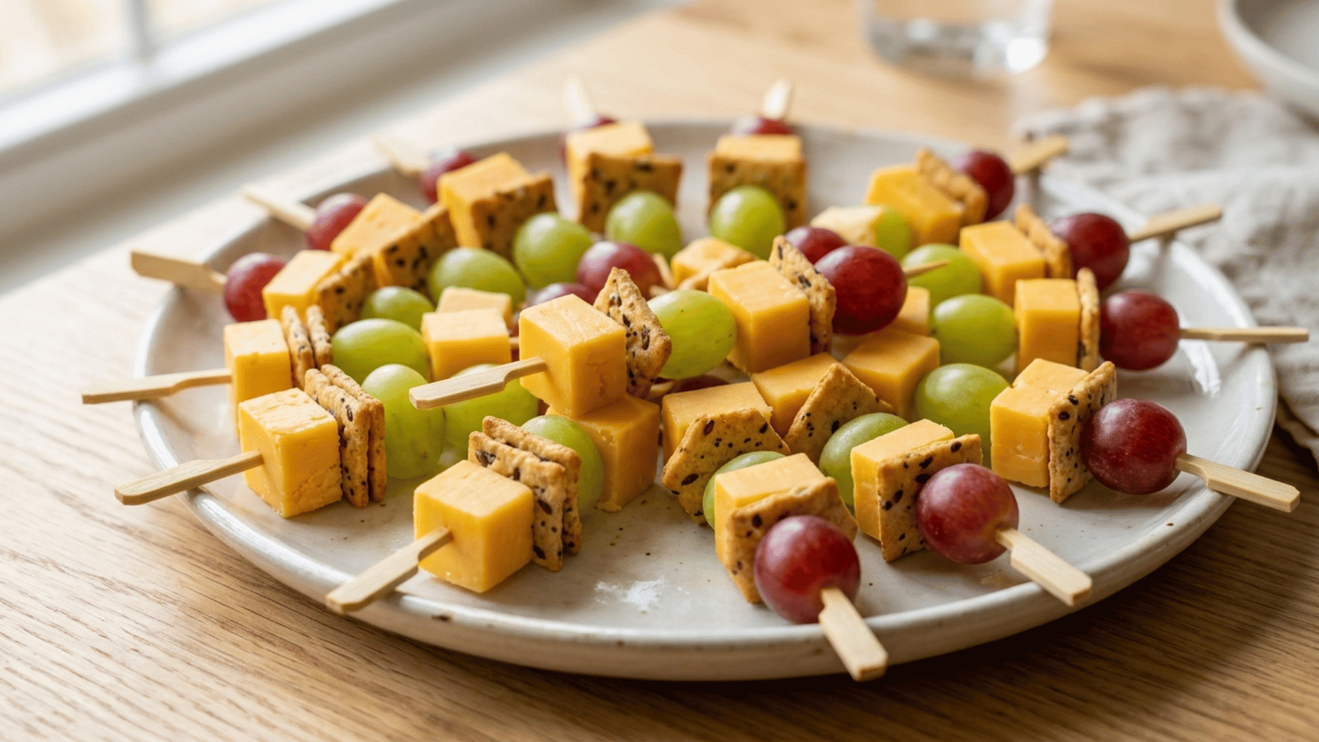 cheese and cracker skewers with grapes on a serving plate