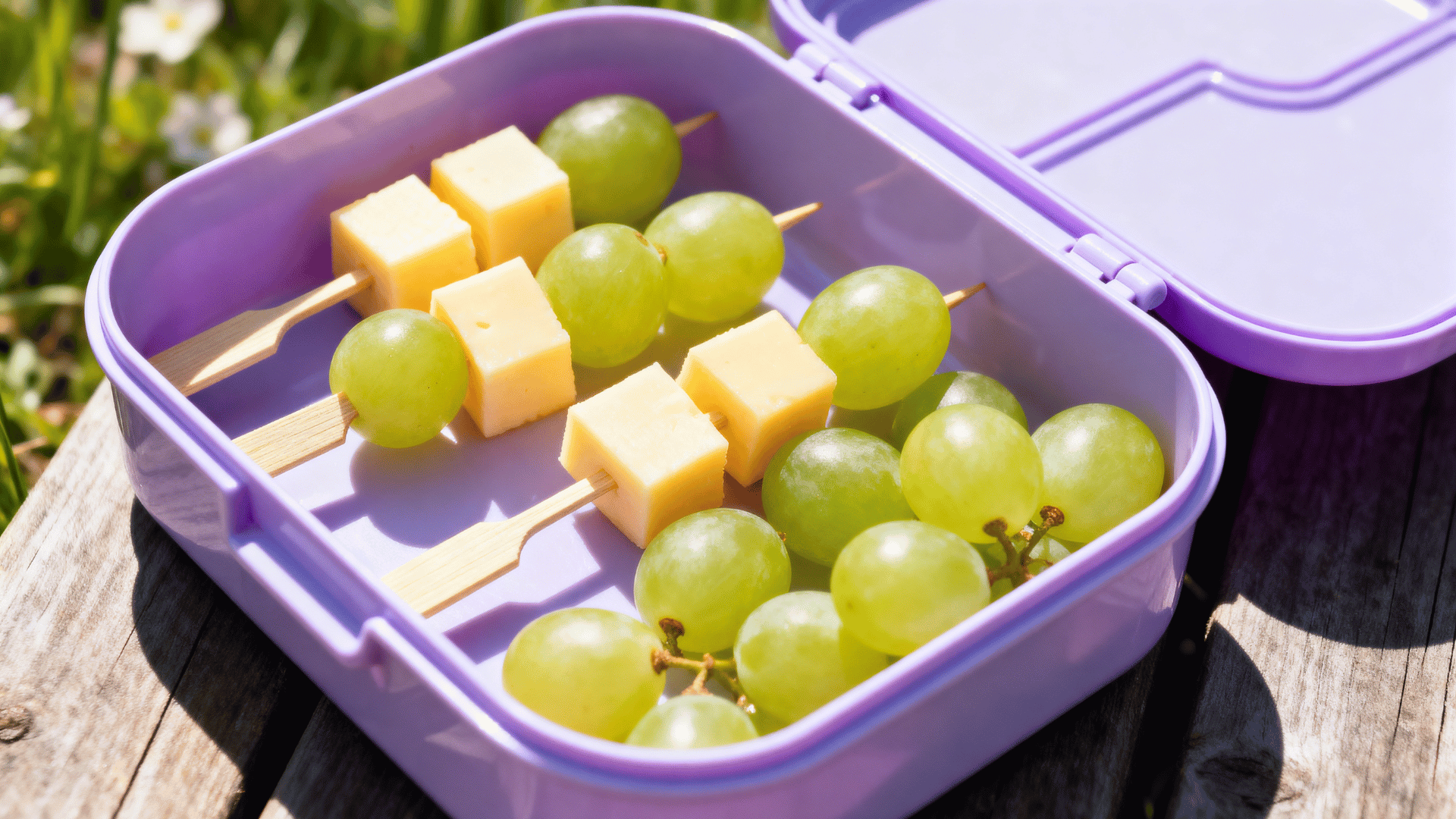 cheese and grape skewers packed flat in a light purple kids lunchbox
