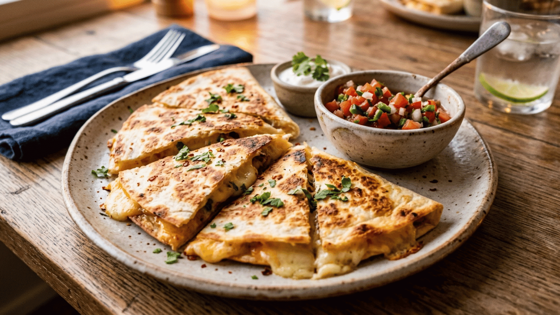 cheese quesadilla triangles with melted cheese and hidden beans