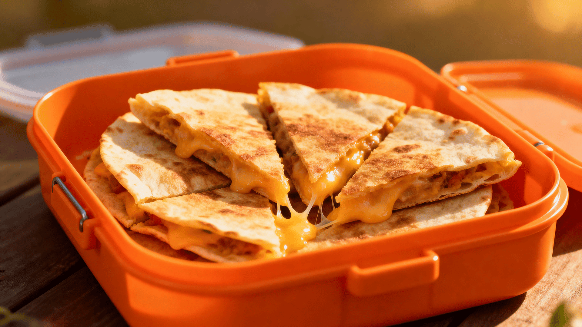 golden cheese quesadilla triangles packed in an orange kids lunchbox