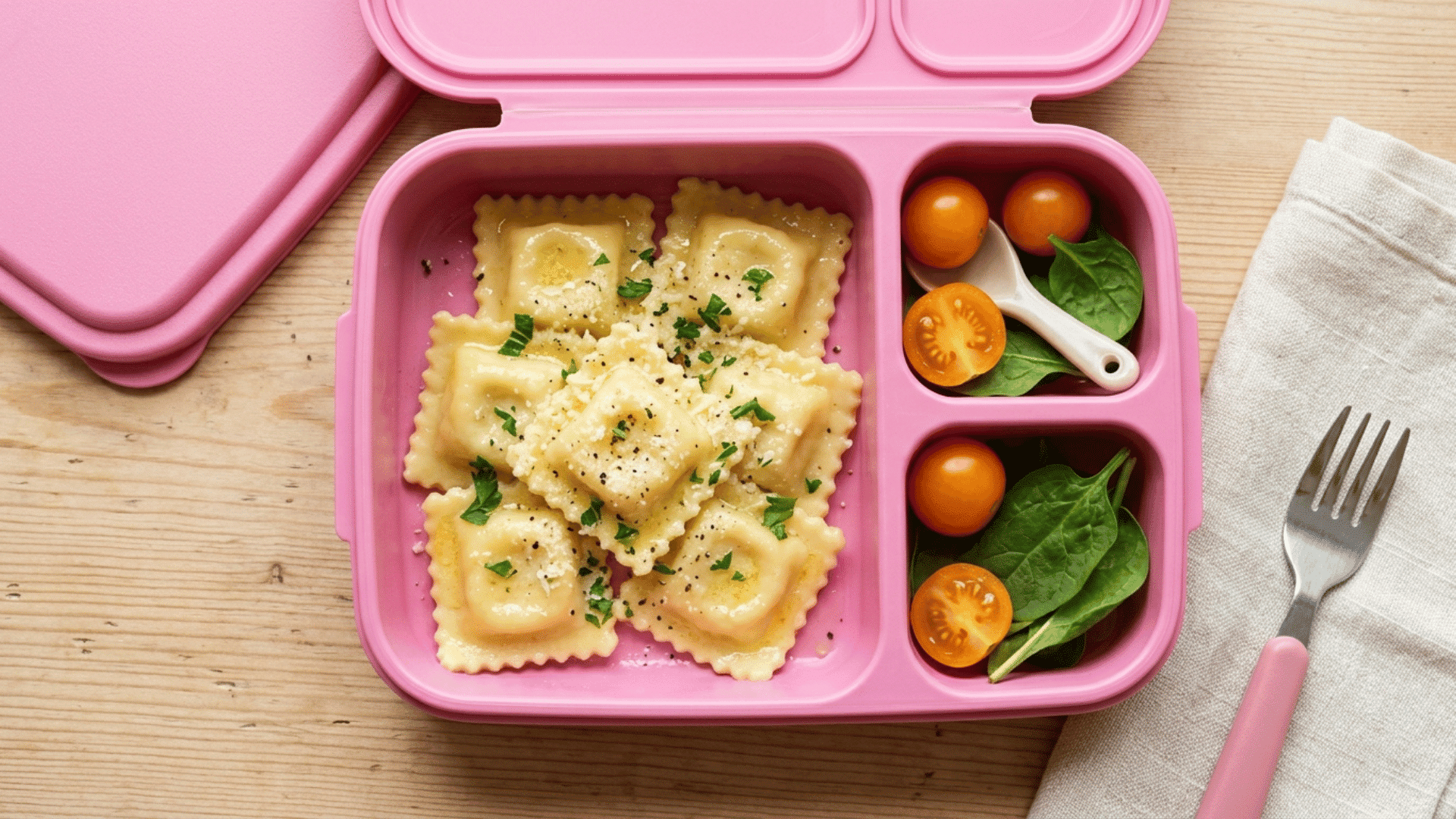 cheese ravioli bites packed in a pink plastic lunchbox
