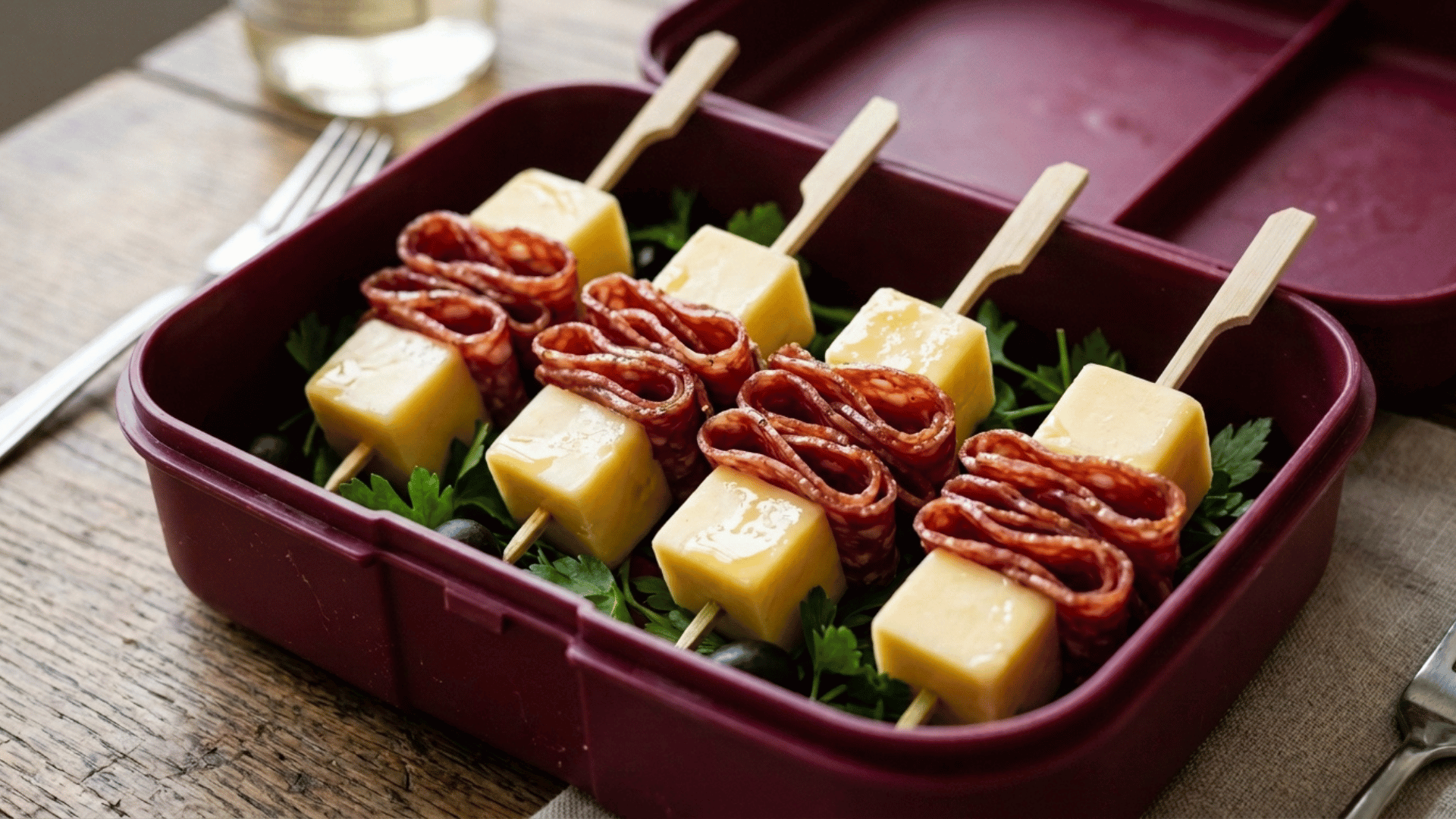 cheese and salami skewers packed in a burgundy plastic lunchbox