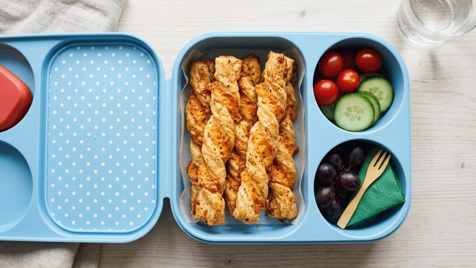 golden cheese pastry straw sticks packed in a light blue kids lunchbox