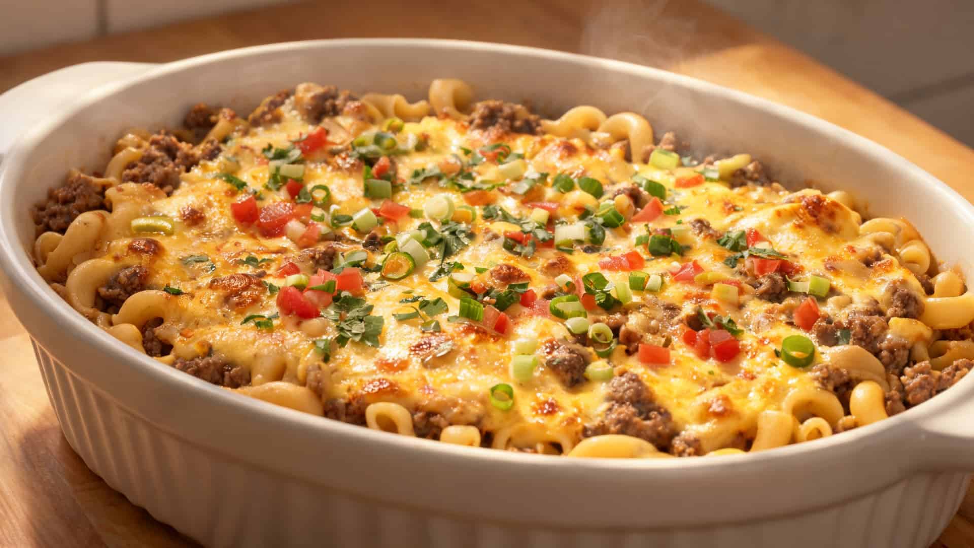 cheesy beef pasta casserole with ground meat noodles and melted cheese served hot in a white baking dish on a wooden table
