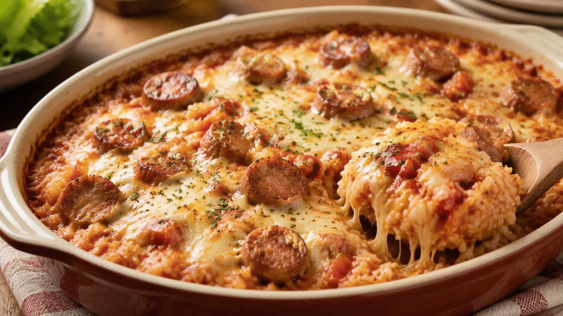 cheesy sausage rice bake with sliced sausage, melted cheese, tomato sauce, and rice served in a warm casserole dish