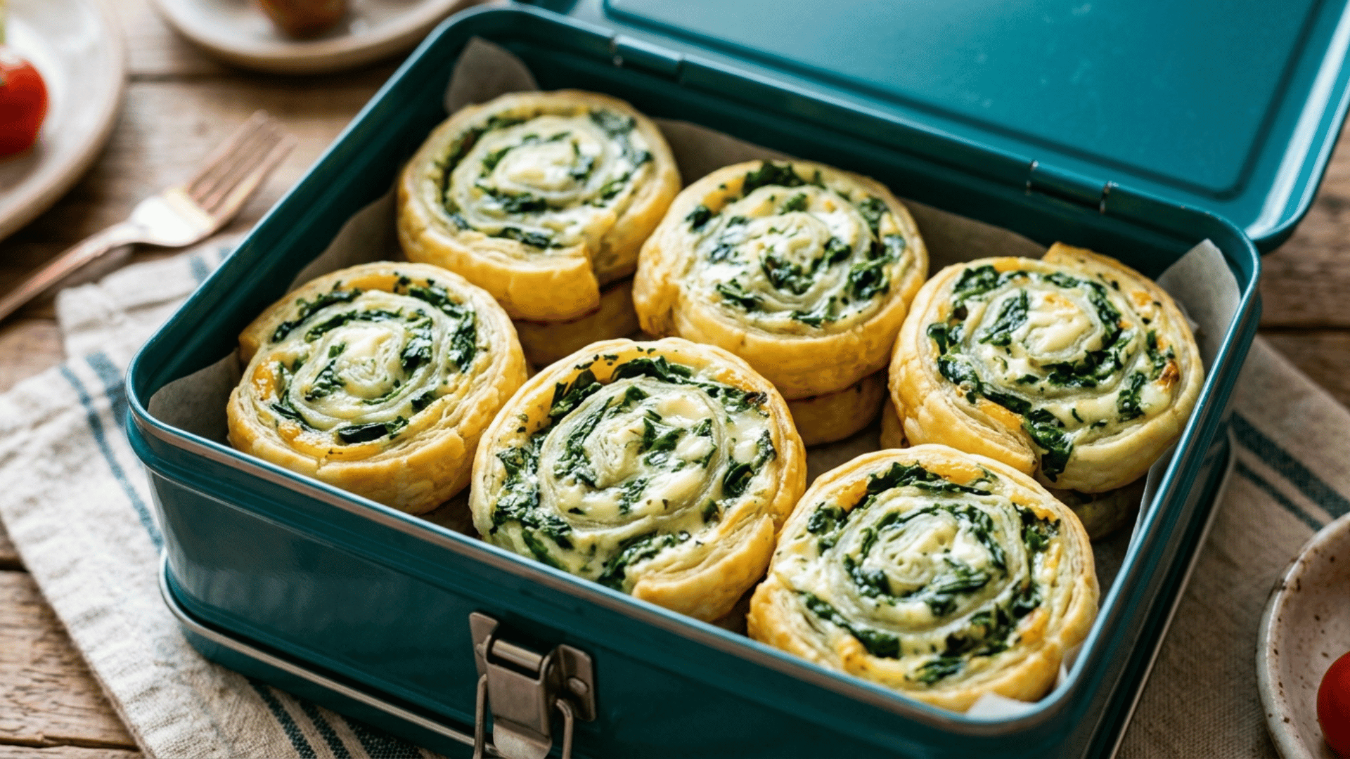 cheesy spinach pinwheel roll-ups packed in a deep teal steel lunchbox