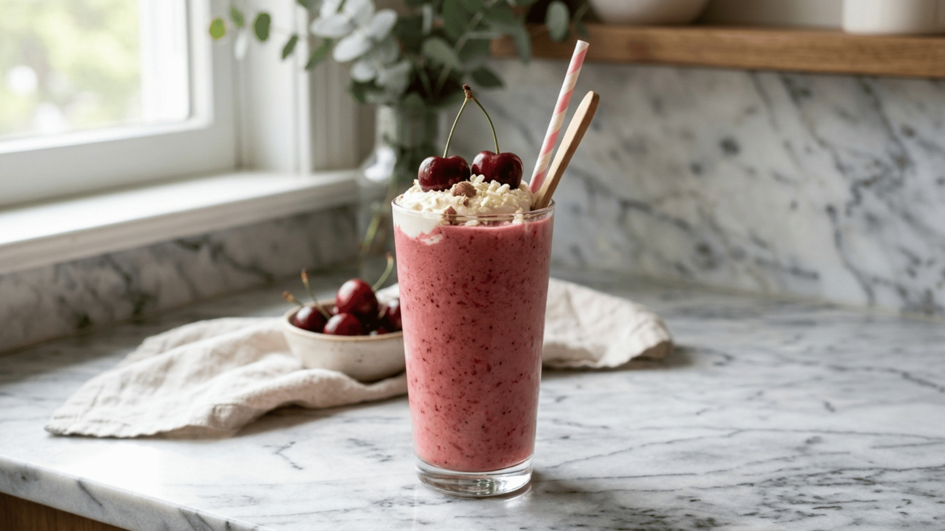 cherry vanilla smoothie in a glass topped with whole cherries
