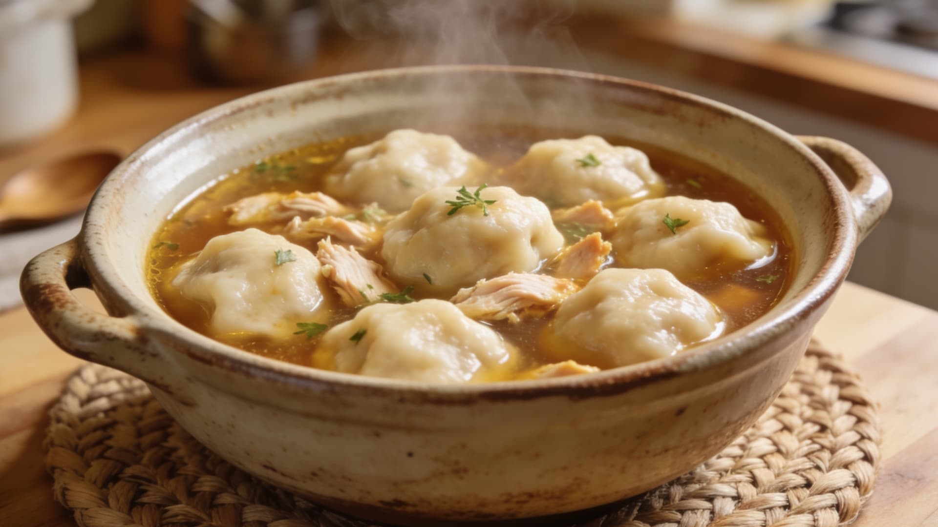 chicken and dumplings soup with fluffy dumplings in broth served hot in a ceramic bowl on a wooden table