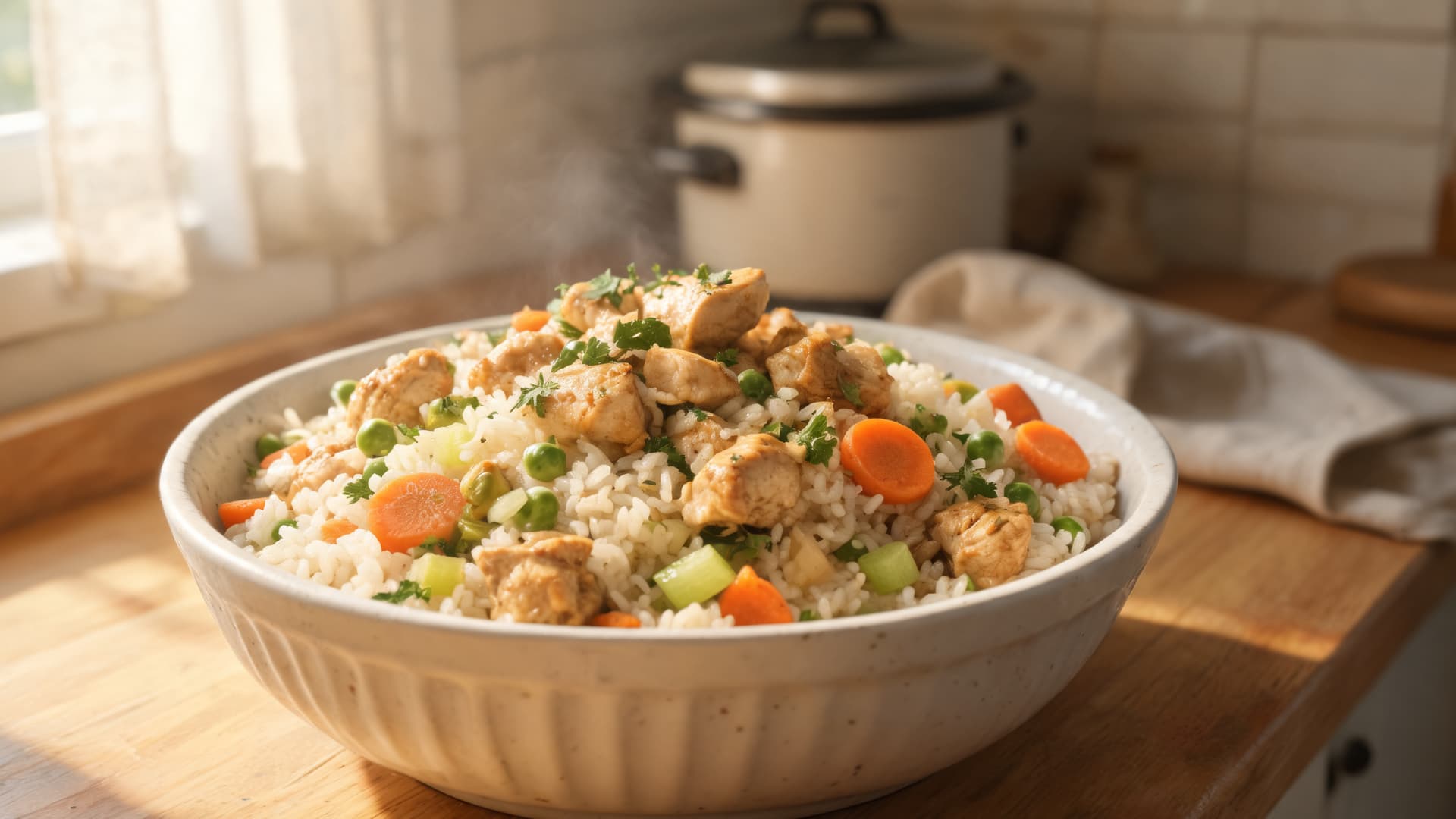 chicken and rice bowl with vegetables served in a white dish on a wooden table with a warm kitchen