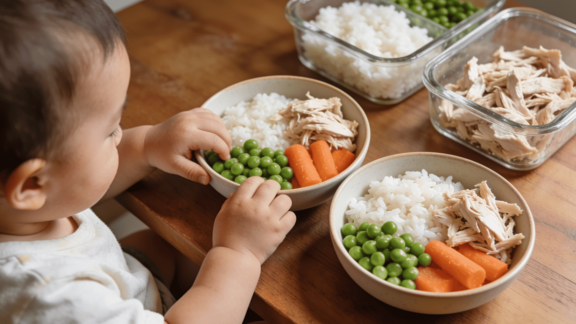 chicken and rice bowls with peas and soft carrots, separate containers of rice and shredded chicken in the background,