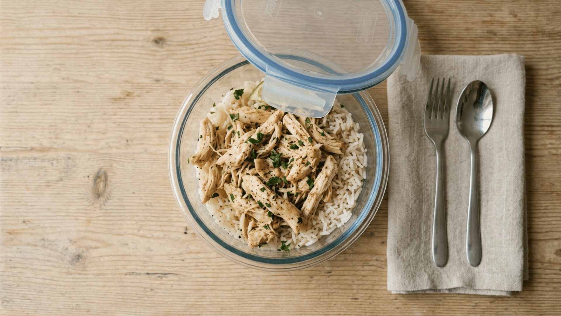 shredded chicken and rice packed in a round glass lunch container