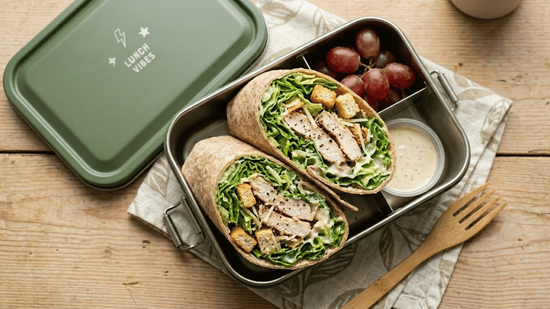 chicken caesar wrap sliced in half packed in an olive-green lunchbox