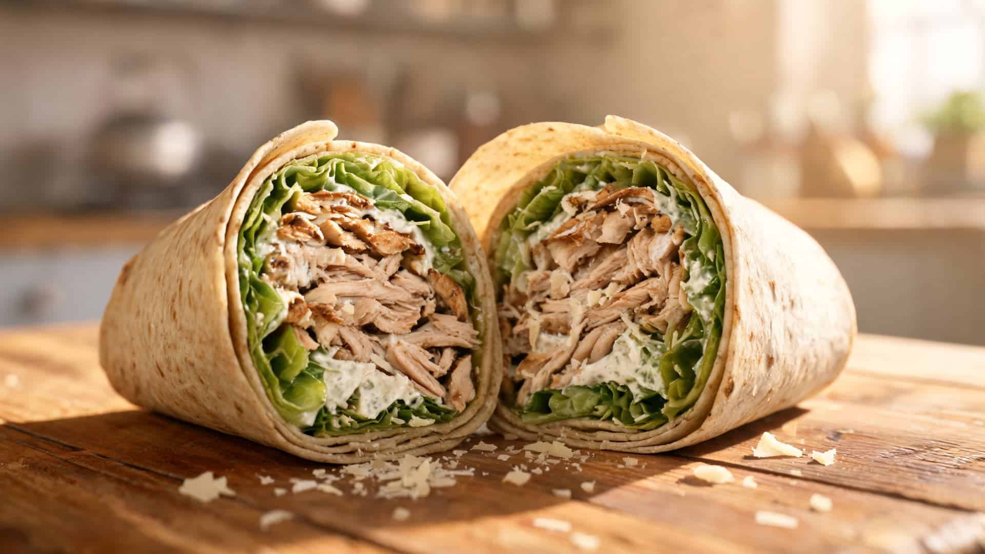 chicken caesar wraps sliced open showing shredded chicken lettuce creamy dressing and parmesan on a wooden board