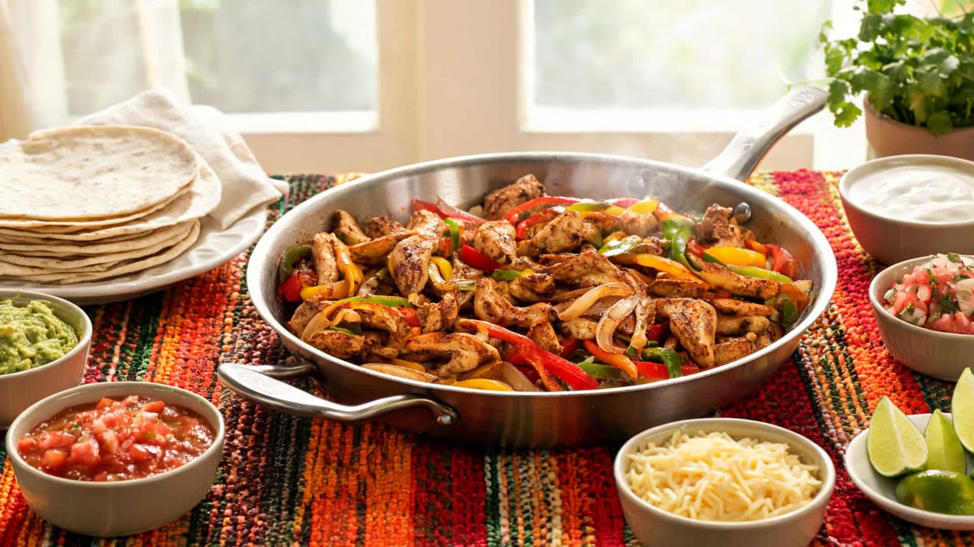 chicken fajitas with peppers and onions served with tortillas sauces cheese and lime on a table