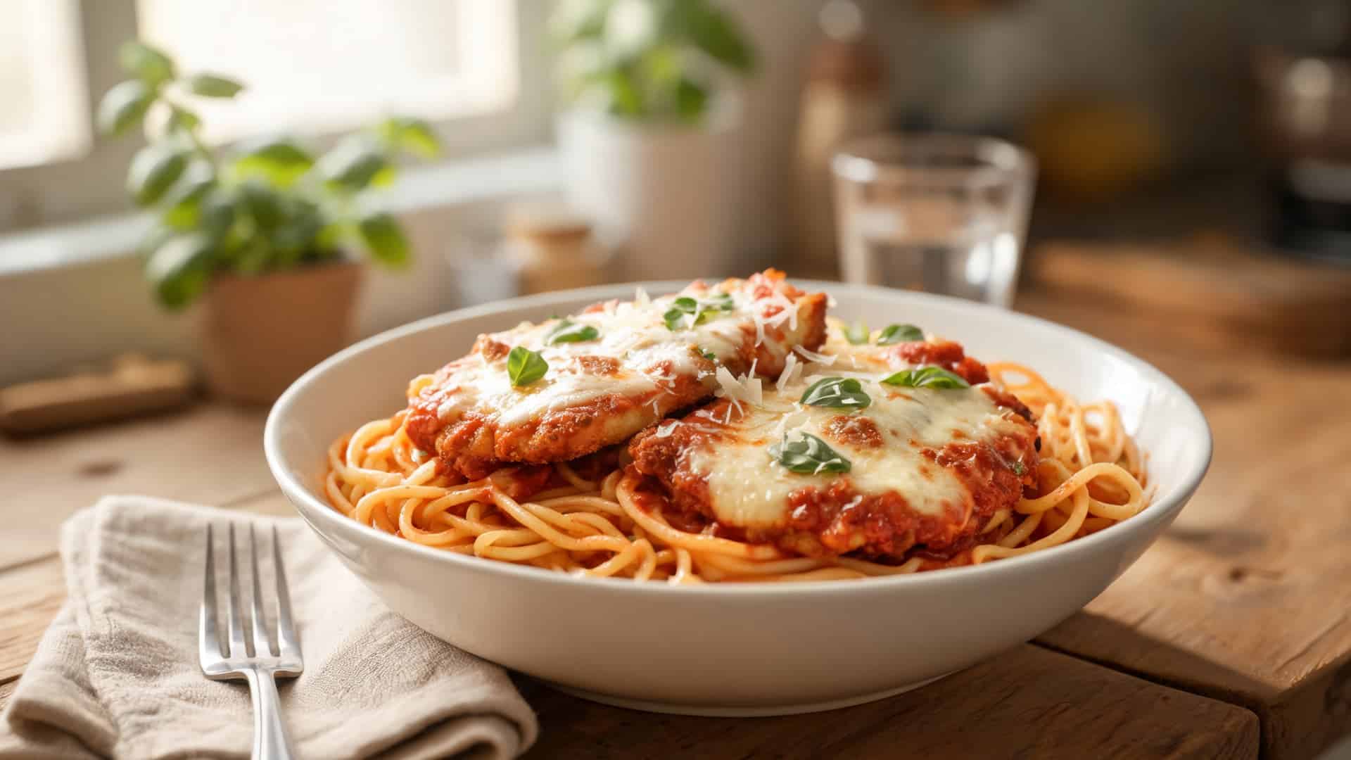 chicken parmesan pasta with melted cheese and tomato sauce served over spaghetti in a white bowl on a wooden table