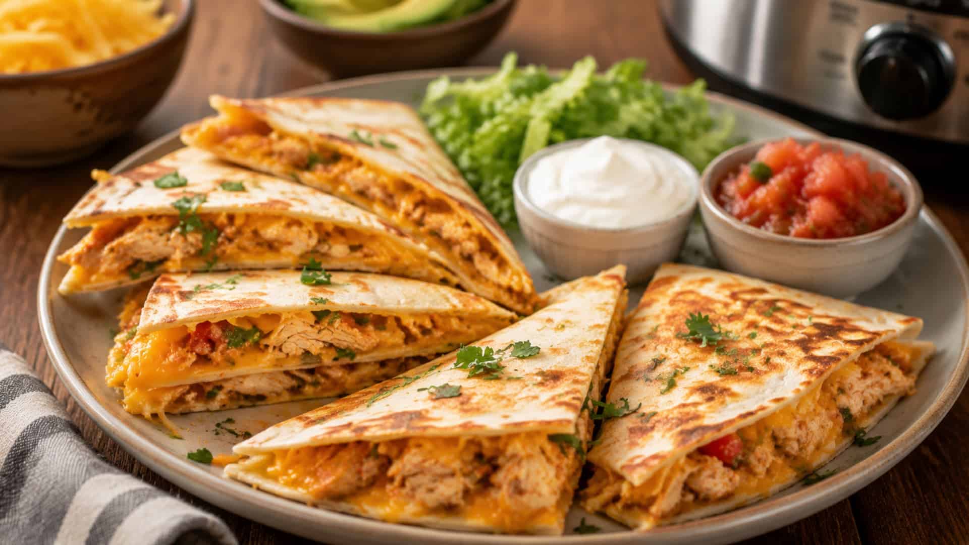 chicken quesadilla wedges with melted cheese and shredded chicken served with salsa sour cream and fresh lettuce on a plate