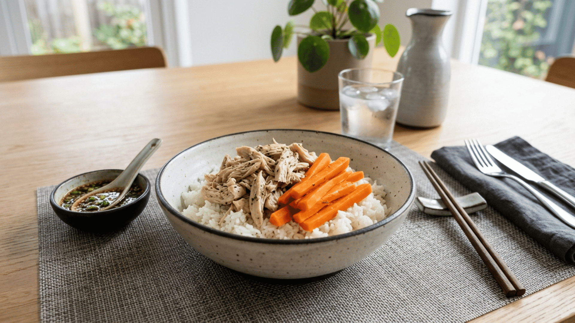 chicken and rice bowl with steamed carrots and side sauce