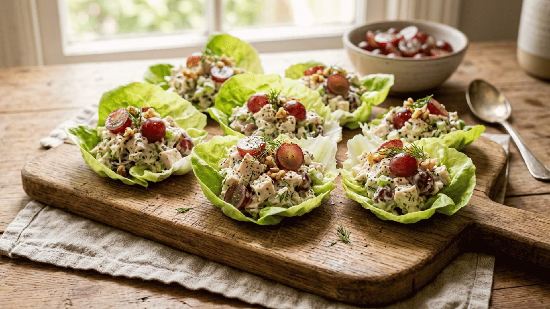 chicken salad lettuce wraps with grapes on a wooden board