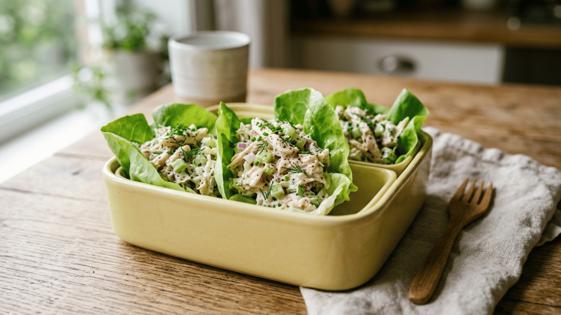 chicken salad in lettuce cups packed in a pale yellow ceramic bento box