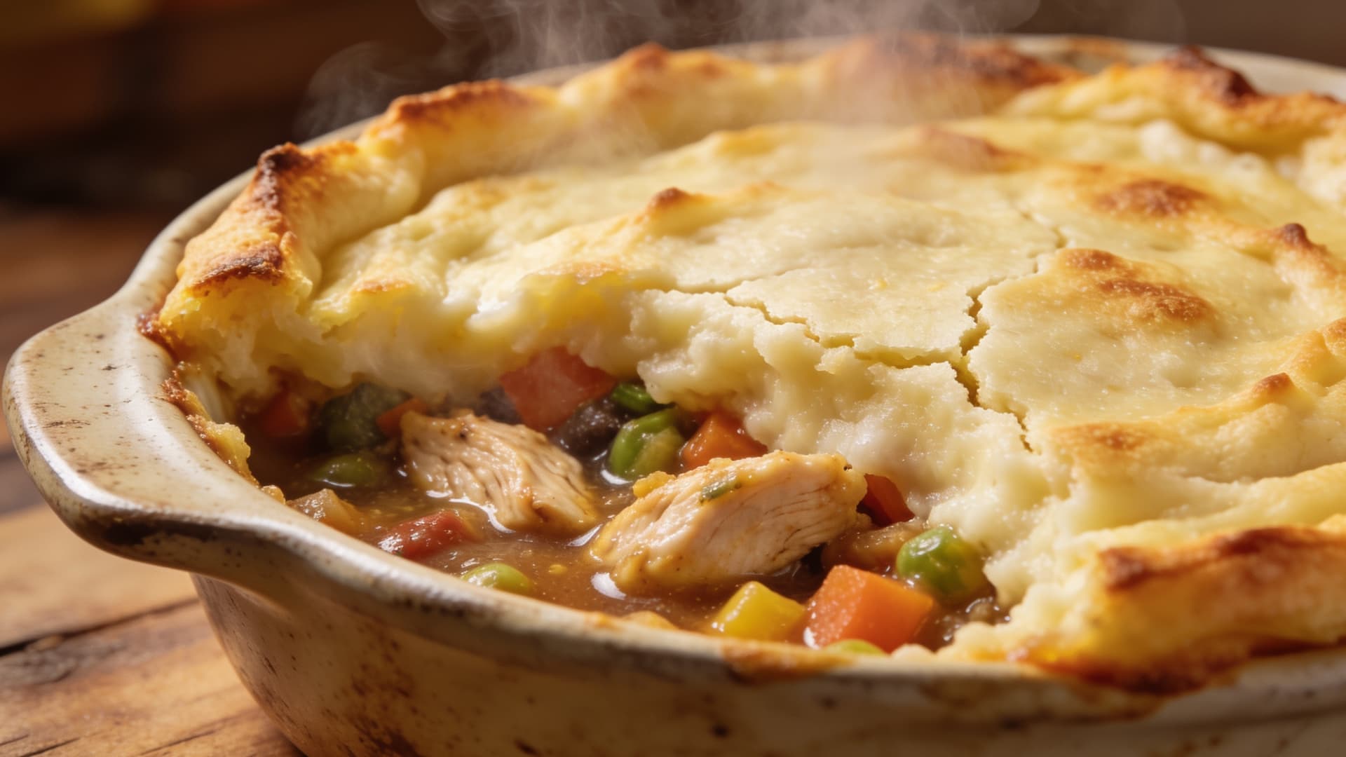 chicken shepherd pie with creamy filling vegetables and golden crust served hot in a baking dish on a wooden table