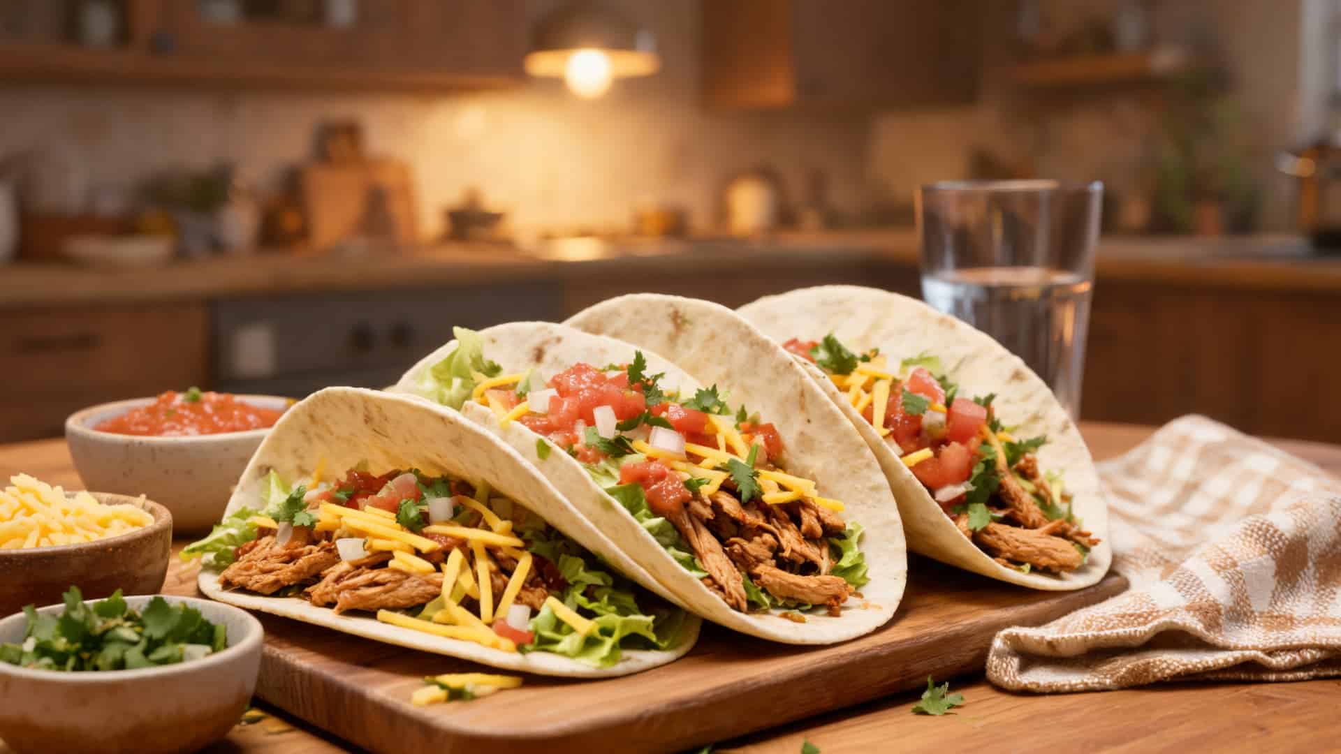 _ chicken tacos with soft tortillas topped with lettuce cheese salsa and fresh herbs on a wooden kitchen table