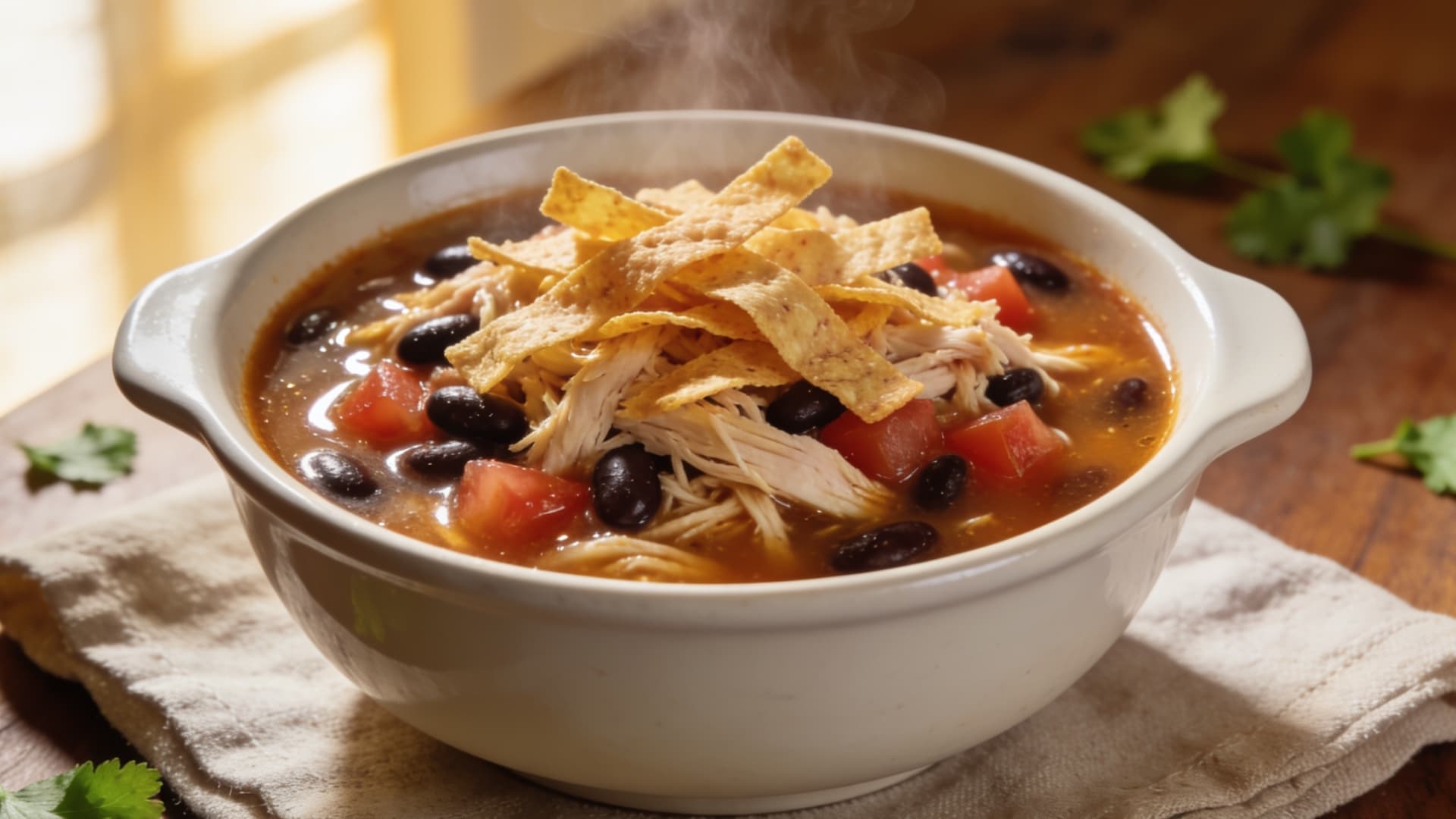 chicken tortilla soup with black beans tomatoes and crispy tortilla strips served hot in a white bowl on a wooden table