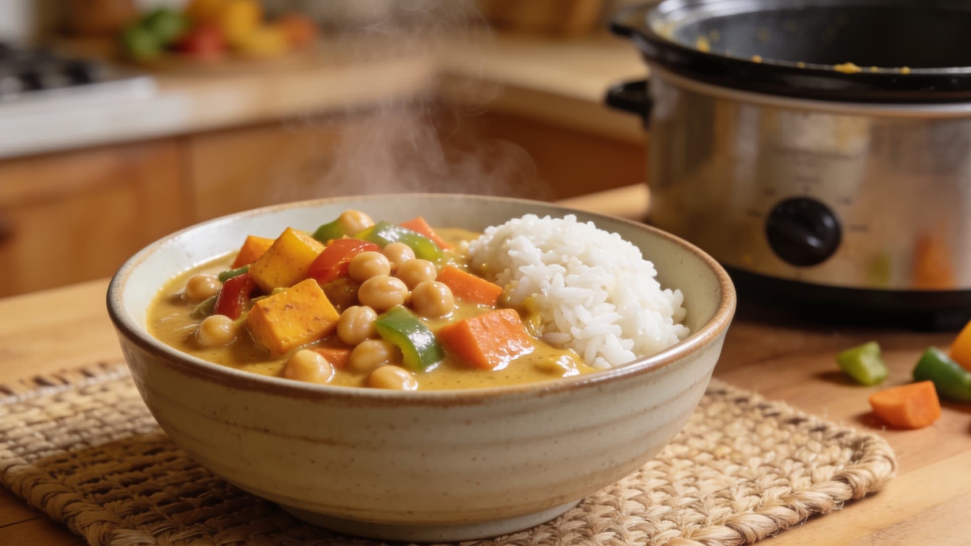 chickpea curry with vegetables and rice served in a bowl beside a slow cooker on a wooden kitchen counter