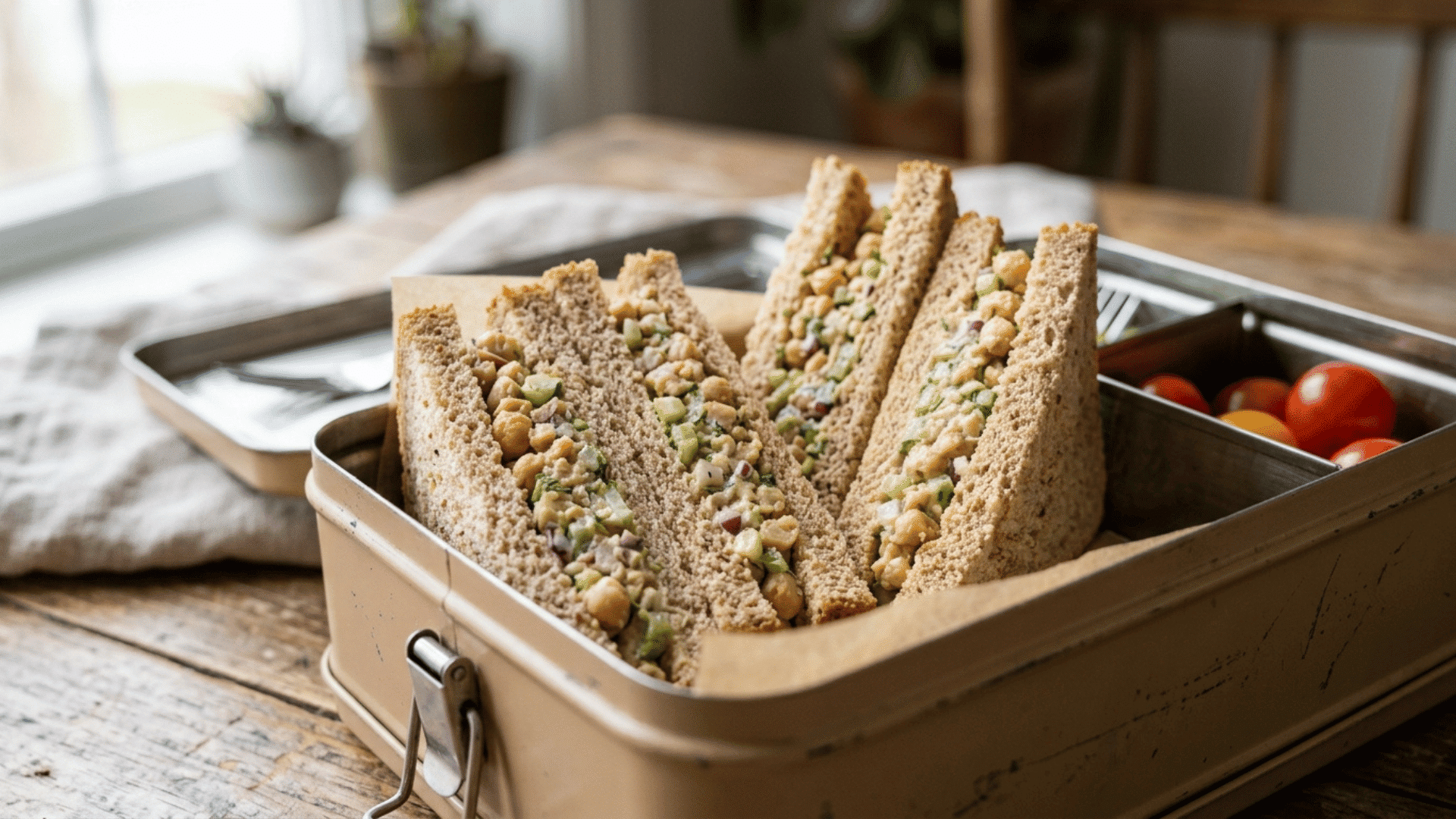 chickpea salad sandwich triangles packed in a tan steel lunchbox