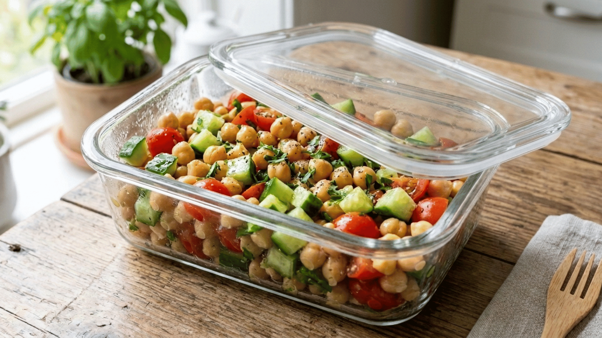 chickpea and veggie salad cup packed in a grey steel lunchbox