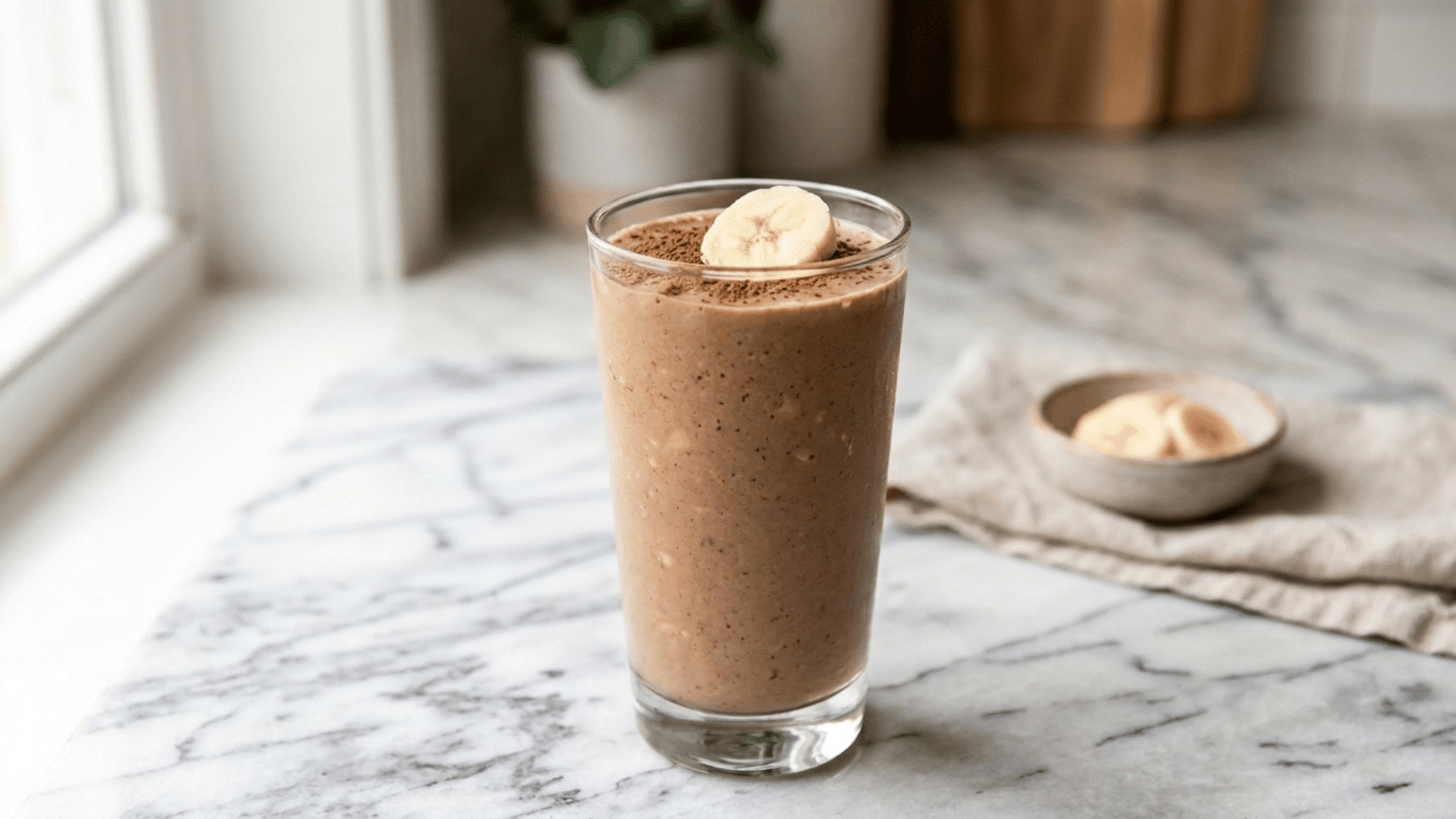chocolate banana smoothie in a glass topped with cocoa powder