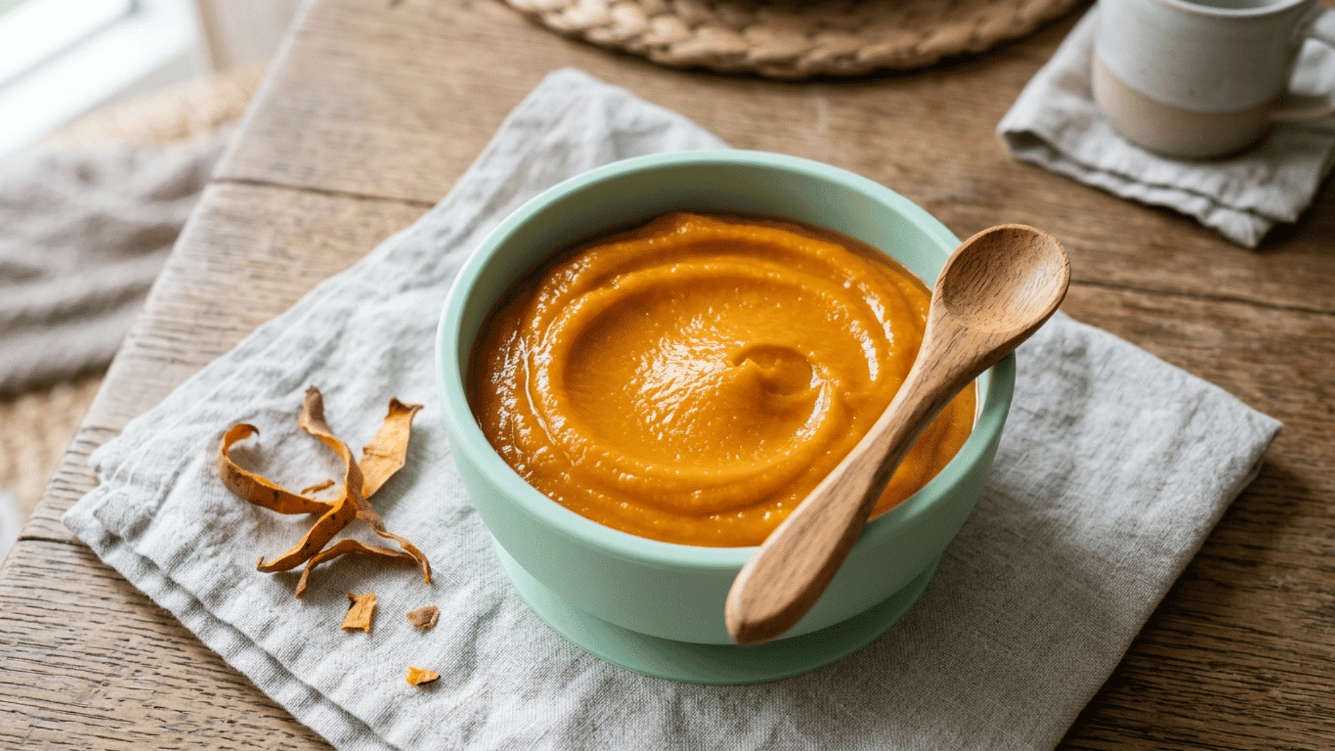 smooth sweet potato puree in a baby suction bowl with a wooden spoon
