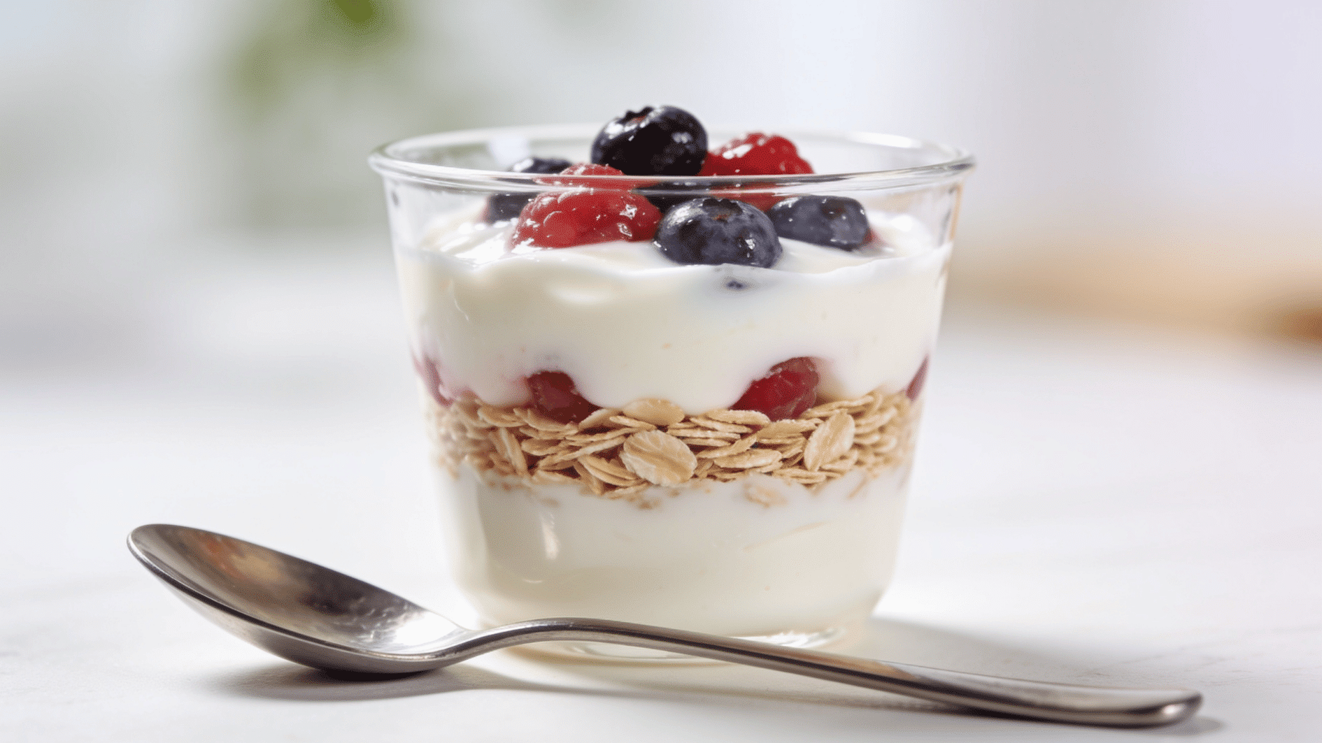 clear small cup layered with yogurt, soft fruit, and a thin cereal laye