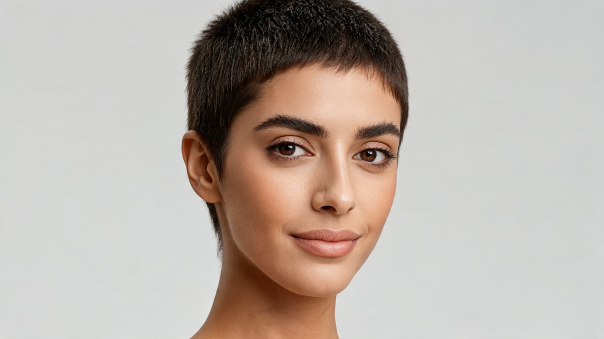 close pixie crop hairstyle with very short thick hair and a simple low maintenance finish