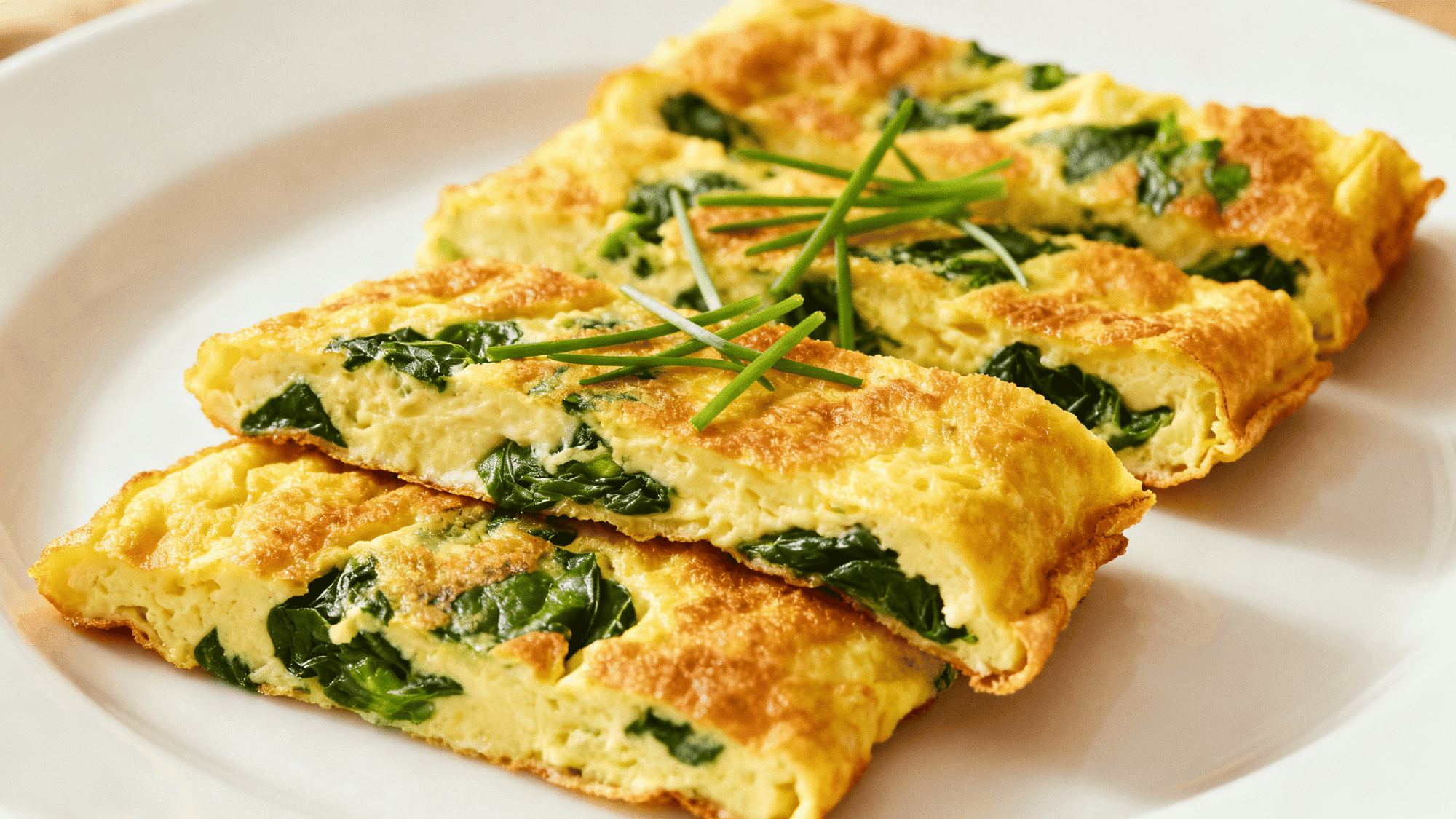 close-up of spinach omelet strips on a white plate, golden edges, fresh spinach flecks, garnished with chives