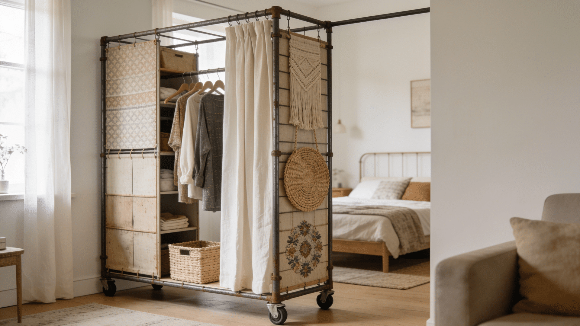 `clothing rack draped with fabric used as a room divider`