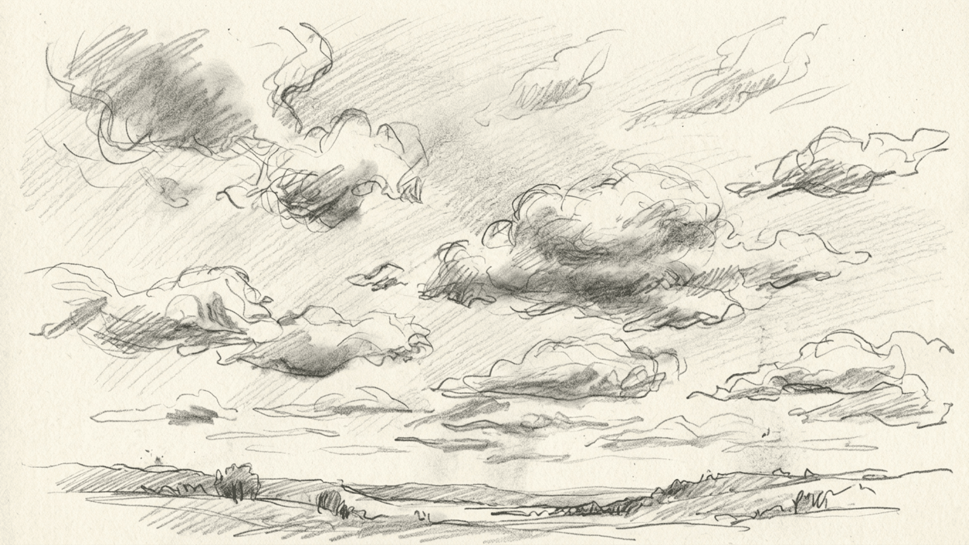 loose pencil drawing of soft, uneven clouds scattered across an open sky with light shading