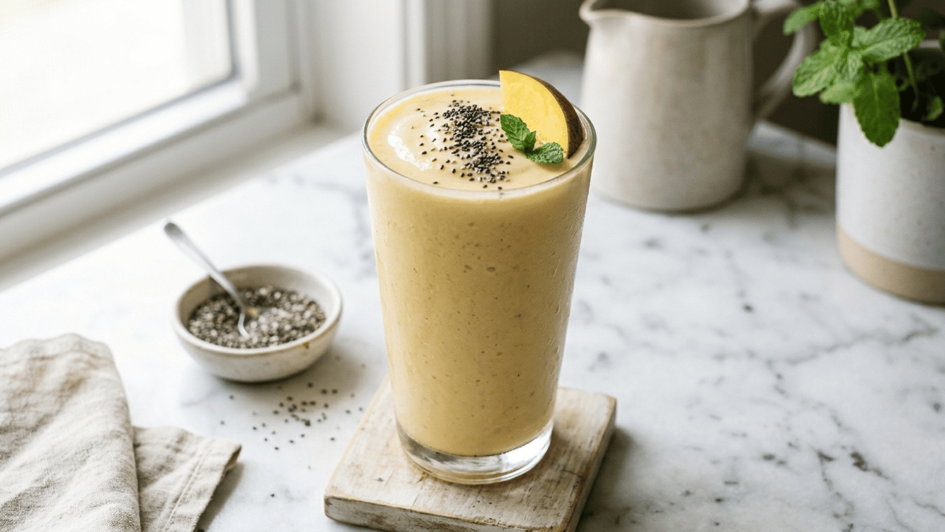 coconut mango chia smoothie in a glass topped with chia seeds