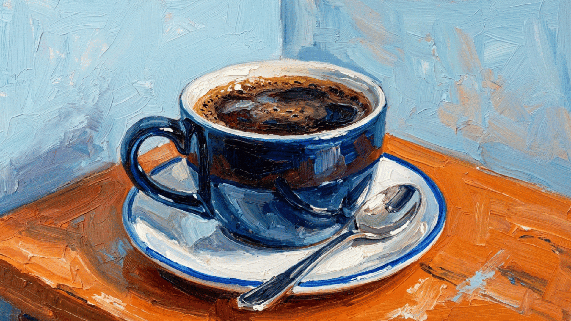 cozy coffee mug painting with warm brown coffee and gentle steam rising above a simple ceramic cup