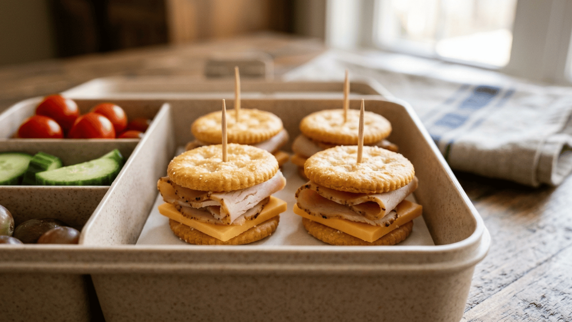 cracker, cheese, and deli meat stacks packed in a beige plastic lunchbox