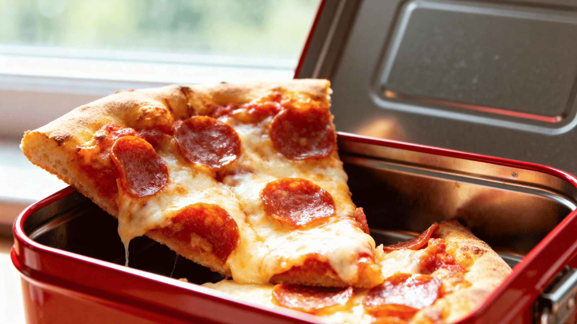 cold cheesy pizza slices packed in a bold red enamel lunch tin