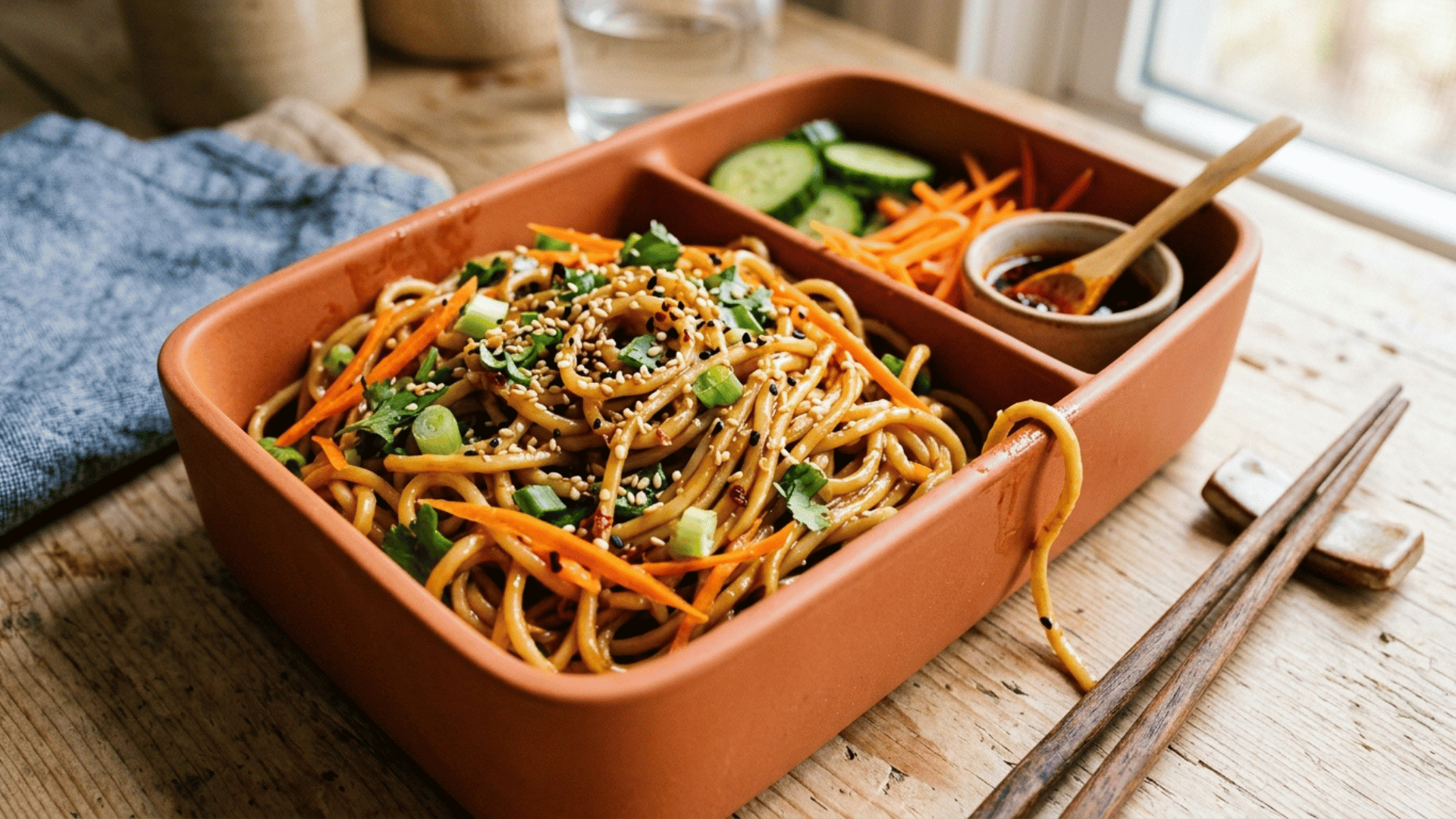 sesame noodles with shredded carrots in a terracotta-orange divided lunchbox