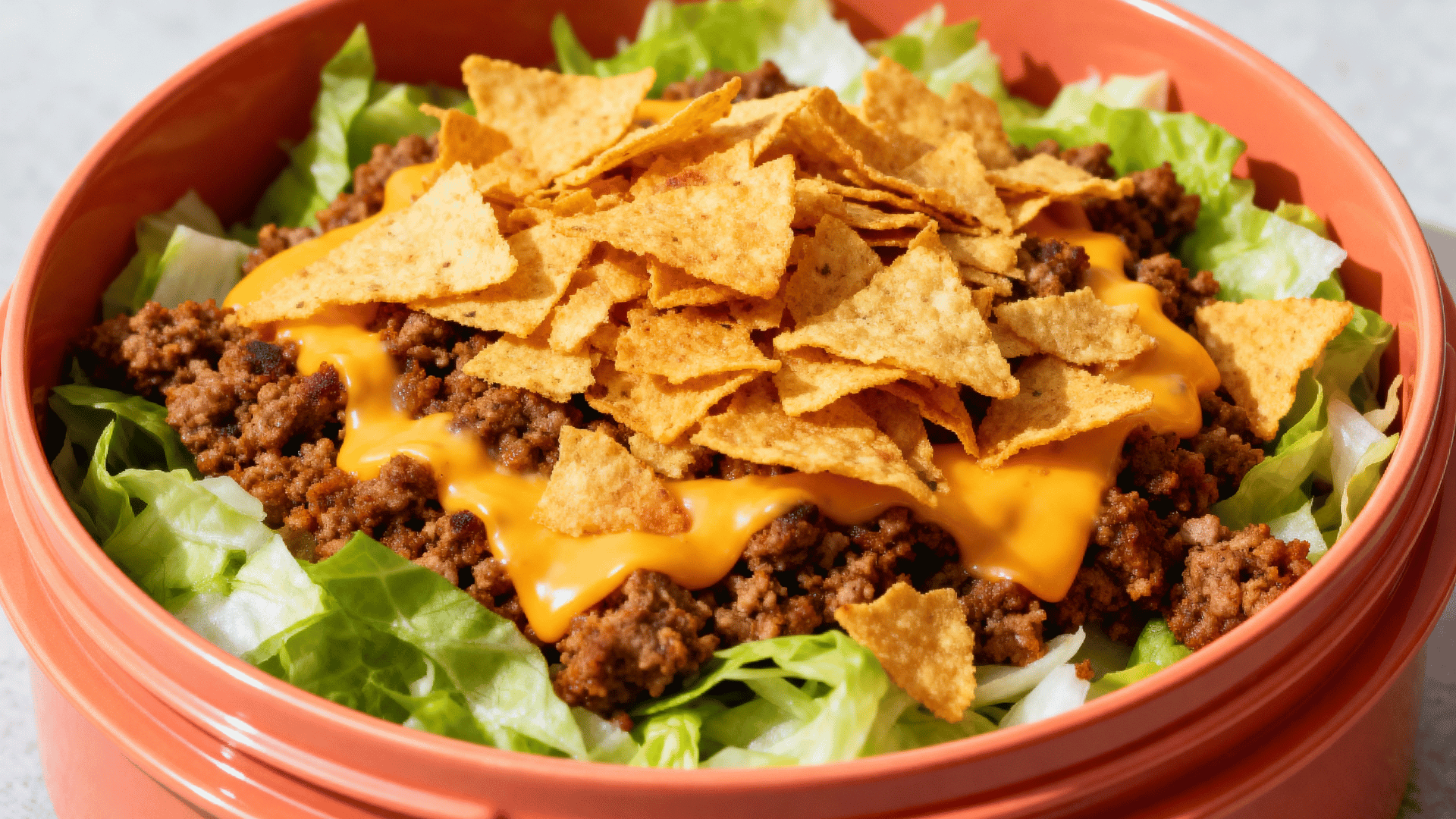 layered taco salad with turkey and cheese in a coral-pink ceramic bowl lunchbox