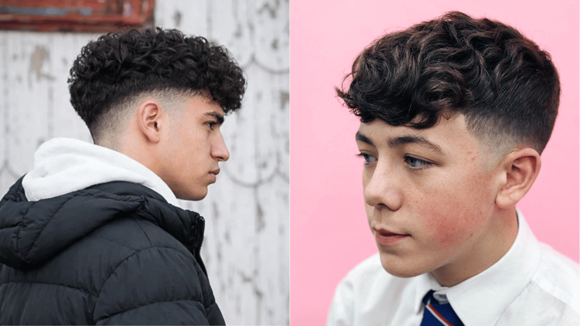 collage in the grid of two with a faded hairstyle on the left and curly cut on the right